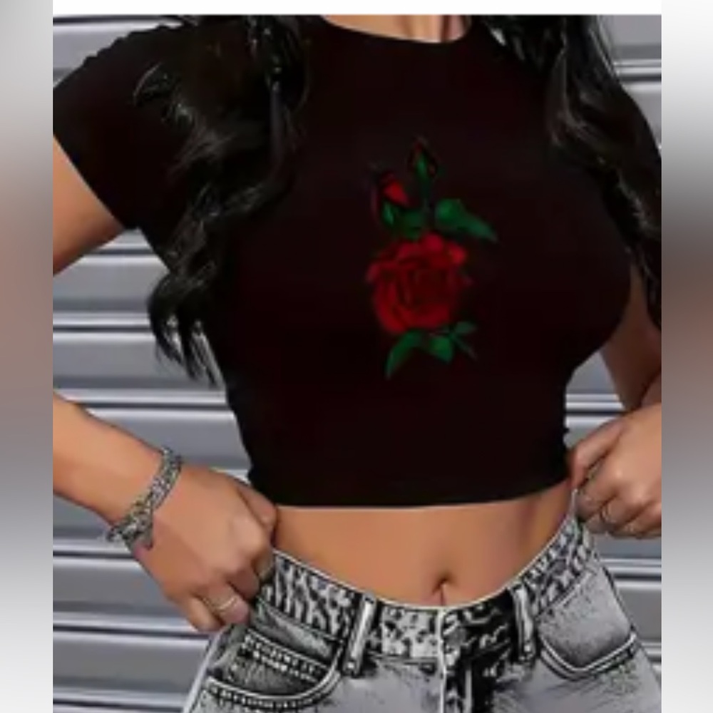 Black Crop Top with Red Rose Design